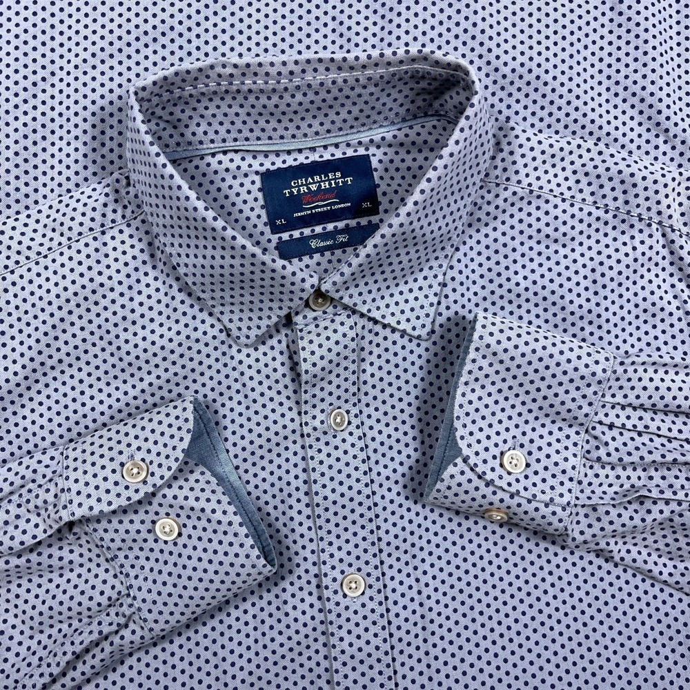 Charles Tyrwhitt Shirt Men XL Gray Blue Weekend Button Up Classic Fit Polka Dot